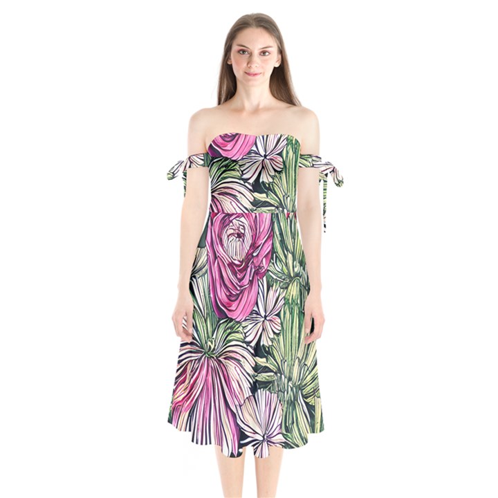 Summer Floral Shoulder Tie Bardot Midi Dress