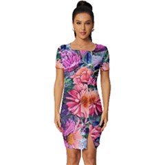 Retro Floral Fitted Knot Split End Bodycon Dress by GardenOfOphir