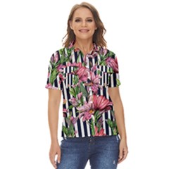Tropical Botanical Flowers In Watercolor Women s Short Sleeve Double Pocket Shirt