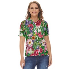 Vintage Tropical Flowers Women s Short Sleeve Double Pocket Shirt