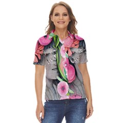 Aesthetics Tropical Flowers Women s Short Sleeve Double Pocket Shirt