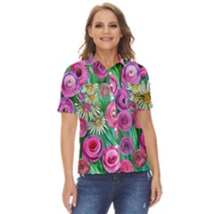 Tropical Flowers Pattern Women s Short Sleeve Double Pocket Shirt