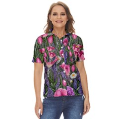 Cheerful Watercolor Flowers Women s Short Sleeve Double Pocket Shirt