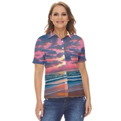 Sunset Over The Beach Women s Short Sleeve Double Pocket Shirt