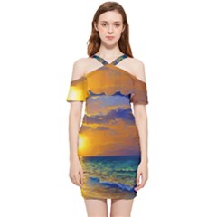 Nature Sunset Shoulder Frill Bodycon Summer Dress by GardenOfOphir