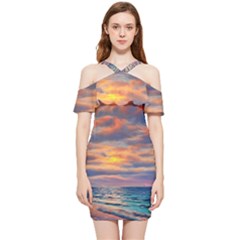 Serene Sunset Over Beach Shoulder Frill Bodycon Summer Dress by GardenOfOphir