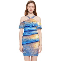 Ocean Sunset Shoulder Frill Bodycon Summer Dress by GardenOfOphir