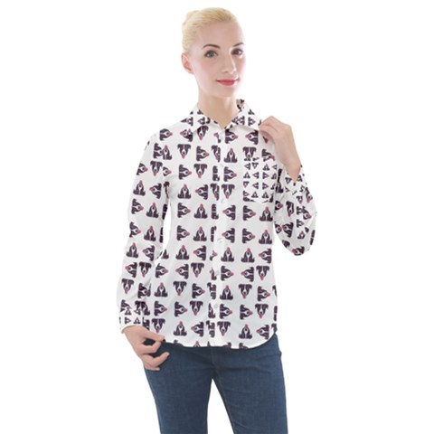 Happy Hound Funny Cute Gog Pattern Women s Long Sleeve Pocket Shirt by dflcprintsclothing