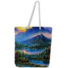 Stunning Sunset By The Lake Full Print Rope Handle Tote (large) by GardenOfOphir