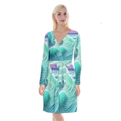 Pink Sky Blue Ocean Waves Long Sleeve Velvet Front Wrap Dress by GardenOfOphir