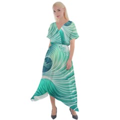Pink Sky Blue Ocean Waves Cross Front Sharkbite Hem Maxi Dress by GardenOfOphir