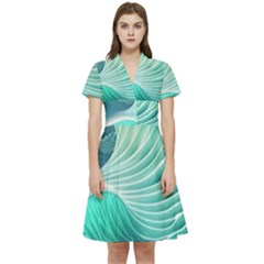 Pink Sky Blue Ocean Waves Short Sleeve Waist Detail Dress by GardenOfOphir