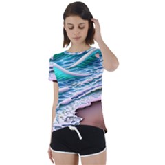 Shore Blue Ocean Waves Short Sleeve Open Back Tee by GardenOfOphir