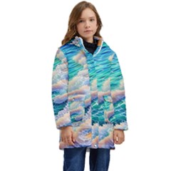 Waves At The Ocean s Edge Kid s Hooded Longline Puffer Jacket by GardenOfOphir