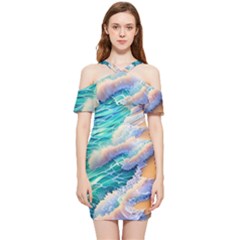 Waves At The Ocean s Edge Shoulder Frill Bodycon Summer Dress by GardenOfOphir