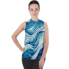 Abstract Blue Ocean Waves Mock Neck Chiffon Sleeveless Top by GardenOfOphir