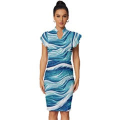 Abstract Blue Ocean Waves Vintage Frill Sleeve V-neck Bodycon Dress by GardenOfOphir