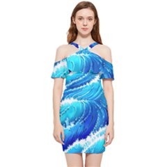 Simple Blue Ocean Wave Shoulder Frill Bodycon Summer Dress by GardenOfOphir