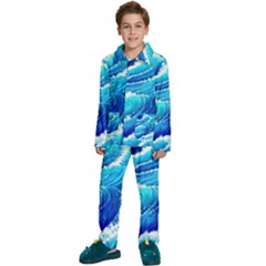 Simple Blue Ocean Wave Kids  Long Sleeve Velvet Pajamas Set by GardenOfOphir