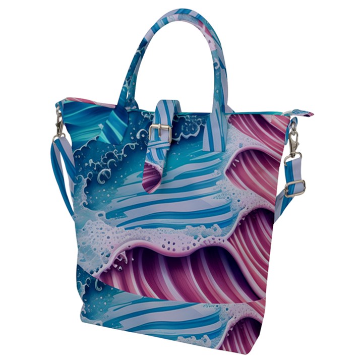 Pink Wave Crashing On The Shore Buckle Top Tote Bag
