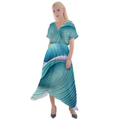 Pastel Sea Waves Cross Front Sharkbite Hem Maxi Dress by GardenOfOphir