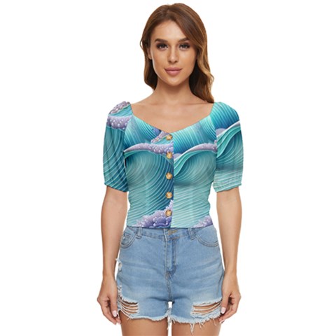 Pastel Sea Waves Button Up Blouse by GardenOfOphir