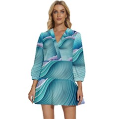 Pastel Sea Waves V-neck Placket Mini Dress by GardenOfOphir