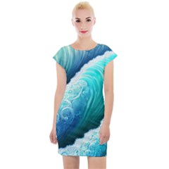 Abstract Waves In Blue And Green Cap Sleeve Bodycon Dress by GardenOfOphir