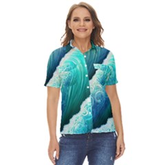 Abstract Waves In Blue And Green Women s Short Sleeve Double Pocket Shirt