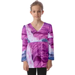 Abstract Pink Ocean Waves Kids  V Neck Casual Top by GardenOfOphir