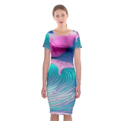 Pink Waves On The Beach Classic Short Sleeve Midi Dress by GardenOfOphir