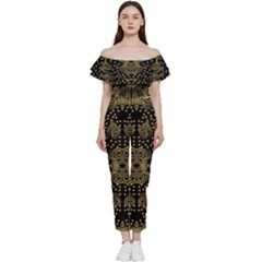 Pattern Seamless Gold 3d Abstraction Ornate Off Shoulder Ruffle Top Jumpsuit by Ravend