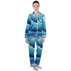 Simple Summer Wave Pattern Women s Long Sleeve Satin Pajamas Set	 by GardenOfOphir