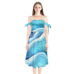 Sea Of Blue Shoulder Tie Bardot Midi Dress by GardenOfOphir