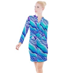 Ocean Waves In Pastel Tones Button Long Sleeve Dress by GardenOfOphir