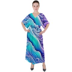 Ocean Waves In Pastel Tones V-neck Boho Style Maxi Dress by GardenOfOphir