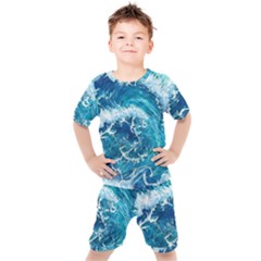 Abstract Blue Ocean Waves Iii Kids  Tee And Shorts Set by GardenOfOphir