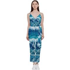 Abstract Blue Ocean Waves Iii V-neck Spaghetti Strap Tie Front Jumpsuit by GardenOfOphir