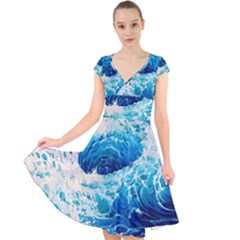 Abstract Blue Ocean Wave Ii Cap Sleeve Front Wrap Midi Dress by GardenOfOphir