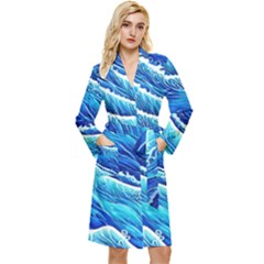 Blue Ocean Wave Watercolor Long Sleeve Velvet Robe by GardenOfOphir