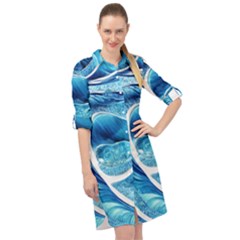 Blue Wave Long Sleeve Mini Shirt Dress