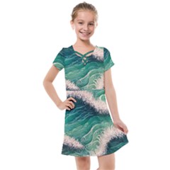 Blue Wave Pattern Kids  Cross Web Dress by GardenOfOphir