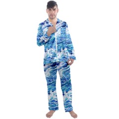 Abstract Blue Wave Men s Long Sleeve Satin Pajamas Set by GardenOfOphir