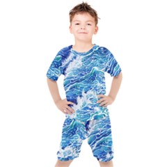 Abstract Blue Wave Kids  Tee And Shorts Set by GardenOfOphir