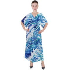 Abstract Blue Wave V-neck Boho Style Maxi Dress by GardenOfOphir