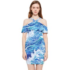 Abstract Blue Wave Shoulder Frill Bodycon Summer Dress by GardenOfOphir