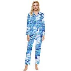 Abstract Blue Wave Womens  Long Sleeve Velvet Pocket Pajamas Set by GardenOfOphir