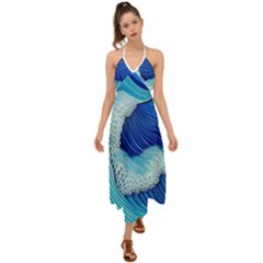 Waves Blue Ocean Halter Tie Back Dress  by GardenOfOphir