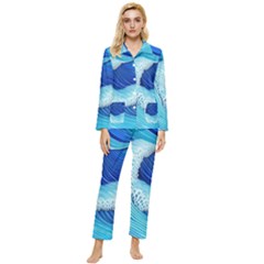 Waves Blue Ocean Womens  Long Sleeve Velvet Pocket Pajamas Set by GardenOfOphir