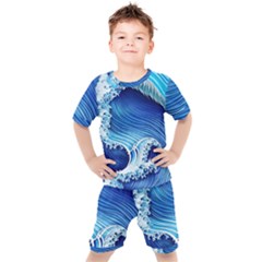 Watercolor Wave Kids  Tee And Shorts Set by GardenOfOphir